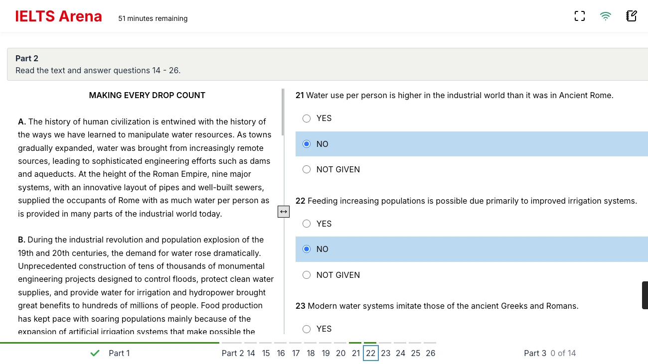 IELTS CBT interface with highlighter, notepad and navigation panel tools replicating real exam environment